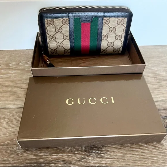 GUCCI GG Monogram Sherry Line Rania wallet with bamboo zipper pull in box - Picture 2 of 8